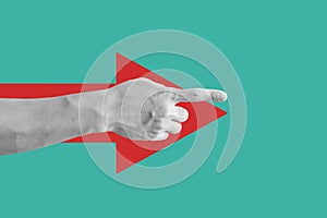 Digital collage modern art. Hand pointing finger, with red arrow