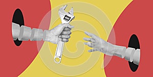 Digital collage modern art, Hand reaching and hand over wrench