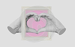 Digital collage modern art, Hands making Heart symbol, with retro picture frame