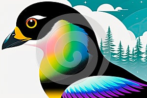 Digital color art painting of harlequin duck (Histrionicus histrionicus) in profile on nature background. Generative AI