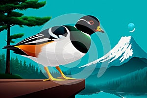 Digital color art painting of harlequin duck (Histrionicus histrionicus) in profile on nature background. Generative AI