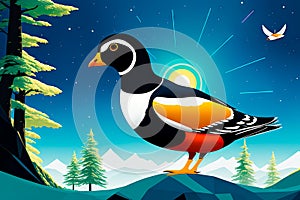 Digital color art painting of harlequin duck (Histrionicus histrionicus) in profile on nature background. Generative AI