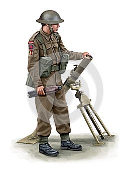 Illustration of a WW2 British soldier with a mortar photo