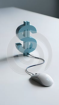 Digital commerce symbolized by blue 3D dollar sign connected to computer mouse.