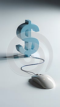 Digital commerce symbolized by blue 3D dollar sign connected to computer mouse.