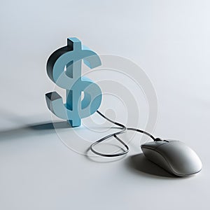 Digital commerce symbolized by blue 3D dollar sign connected to computer mouse.