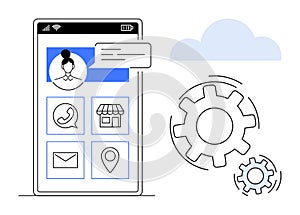 Mobile App Interface with User Profile and Cloud Computing Gear Icons Digital Communication and Automation