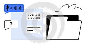 Digital Communication and Data Storage Concept with Speech, Binary Code, and File Folder