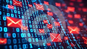 Digital Communication Network with Binary Code and Email Icons