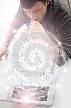 Digital communication network concept. Men is programming. Digital transformation