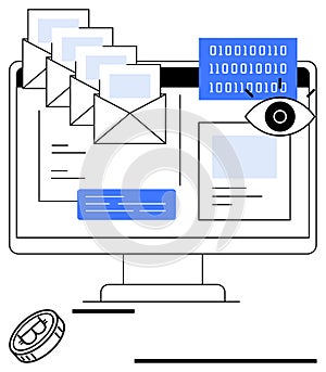 Digital communication security with computer screen, emails, binary code, and security eye concept
