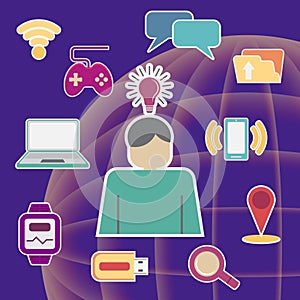 Digital communication technology illustration, communication connection icon set, technology connection