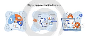 Digital communications formats. Chat messages smartphone, Sms on mobile phone screen, computer app