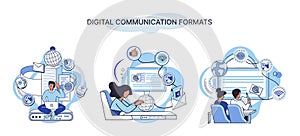 Digital communications formats. Chat messages smartphone, Sms on mobile phone screen, computer app