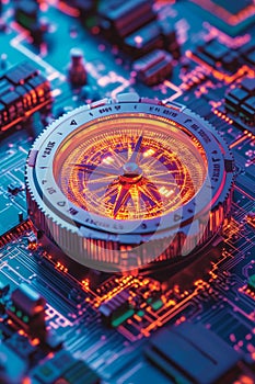 Digital Compass On Circuit Board, Navigating The Future Of Technology, Innovation Concept