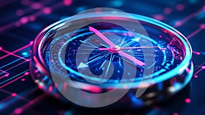 Digital Compass Navigating a Glowing Network of Data Points and Lines on Gradient Blue