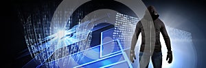 Anonymous hacker with computer code binary interface