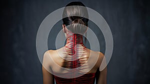 Digital composite of back of asian woman with highlighted spine against grey wall