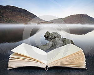 Digital composite of Beautiful Autumn Fall landscape image of Crummock Water at sunrise in Lake District England in pages of open