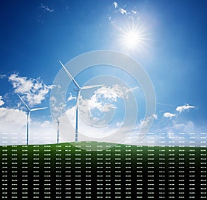 Digital composite of binary code creating landscape with wind turbines at the field