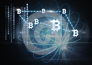 bitcoin graphic icons and binary code connecting