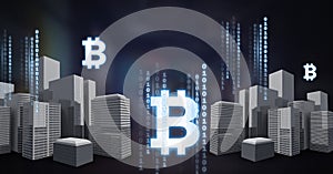 Bitcoin icon and binary code lines above city