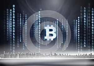 Bitcoin icon and binary code lines above city