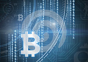 Bitcoin icons and binary code graphic lines
