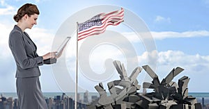 Broken concrete stone with Yen symbol and businesswoman with american flag in cityscape