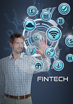 Businessman touching Fintech with various busincons photo