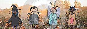 Cartoon children standing in halloween pumpkin field