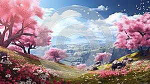 Digital composite of Colorful sakura flowers against mountains and blue sky