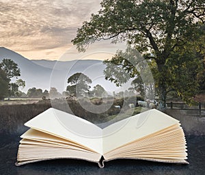 Digital composite concept image of open book wth Beautiful foggy misty Autumn sunrise over countryside surrounding Crummock Water