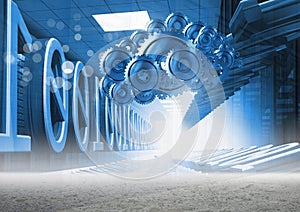 3D cog gears cloud with servers and binary in background