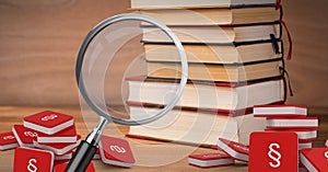 3D Magnifying glass over books with section symbol icons