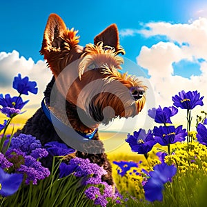 Digital composite of Dachshund dog in flowers against blue sky AI Generated