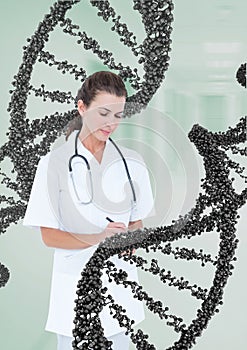 Doctor woman standing with 3D DNA strand