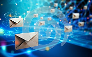 Digital composite of Envelopes flying over network against blue glowing background.Email and sms marketing concept