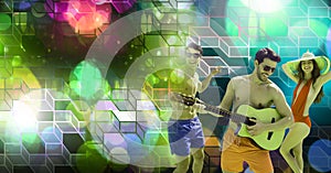 Fun Summer friends playing guitar with geometric party lights venue atmosphere