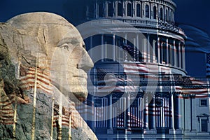 Digital composite: George Washington, the U.S. Capitol and American flags