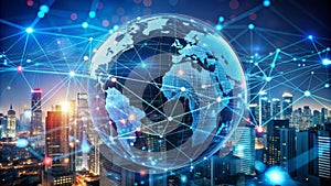 A Digital Composite Of A Glowing Blue Globe With A Network Of Connections Over A Cityscape At Night photo