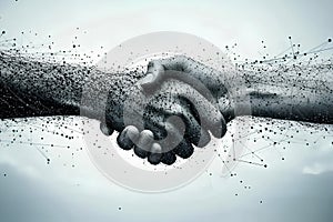 Digital composite of Handshake against low angle view of man and woman shaking hands