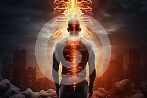 Digital composite of highlighted human body with lightning over city and sky background, Digital composite highlighting the spine