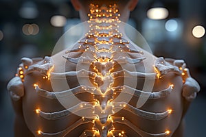 Digital composite of Highlighted spine of woman with neck pain