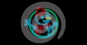 Digital composite of illuminated neon snowman with copy space over black background