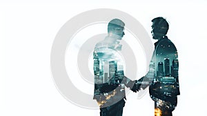 Digital composite image of business handshake blending with cityscape. Networking professionals in a modern urban