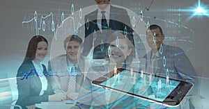 Digital composite image of business people with mobile phone and screen