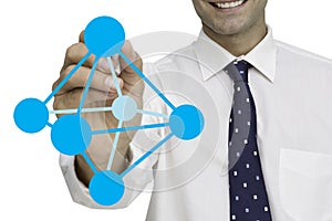 Digital composite image of businessman drawing geometric structure against white background