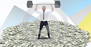 Digital composite image of businessman lifting barbell on money