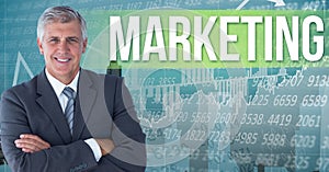 Digital composite image of businessman standing by marketing text against numerical background and g